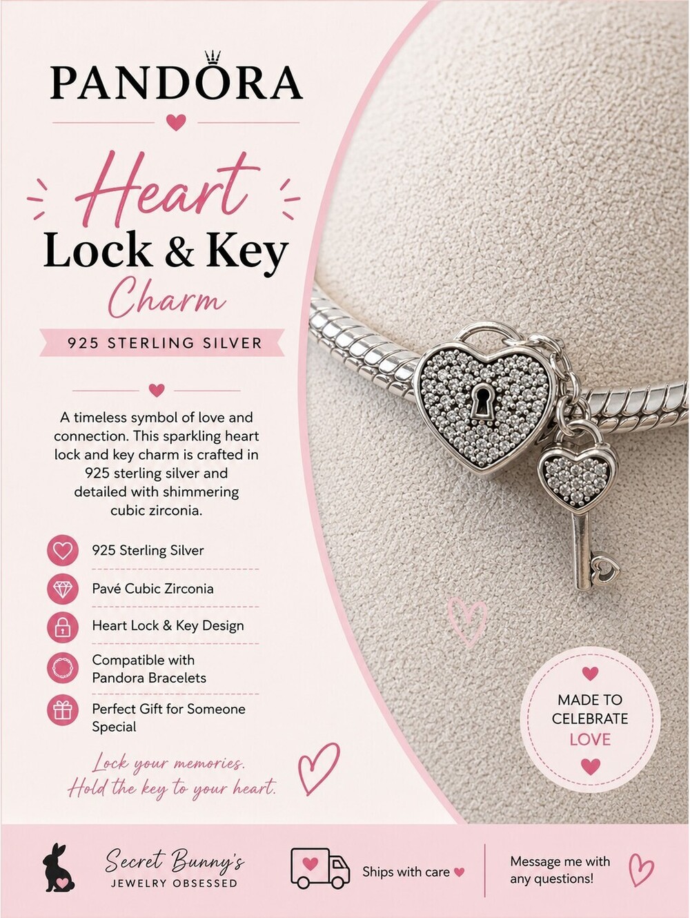 Pandora Heart Lock and Key Charm 925 Sterling Silver